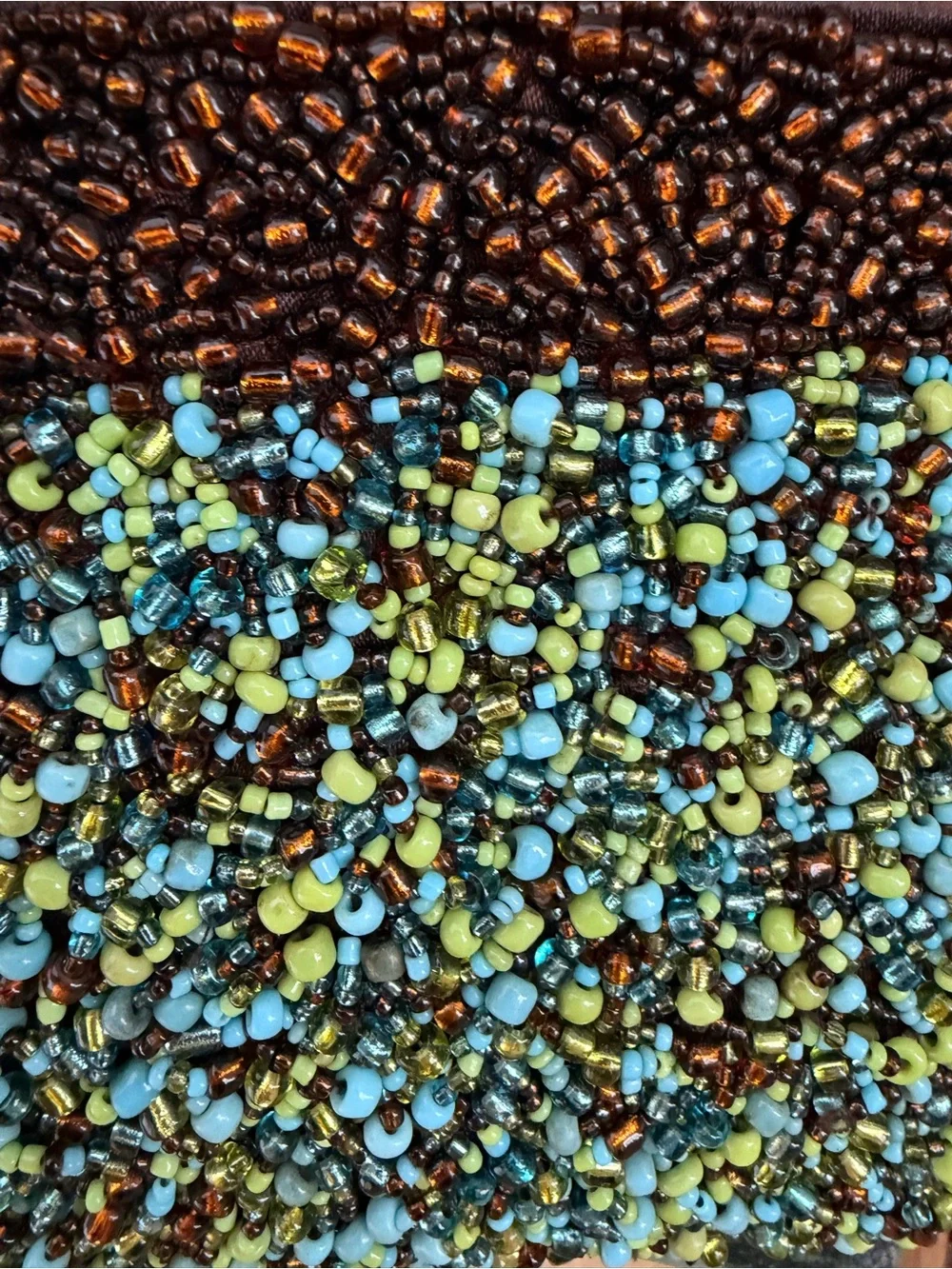 Hand Beaded Boho Clutch Wristlet in Brown Turquoise & Lime Green Seed Beads Y2K